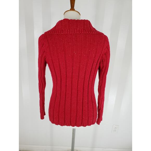 LIZ CLAIBORNE Women's Red w/ White & Black Flecks Quarter Button Sweater Sz L - Picture 4 of 8